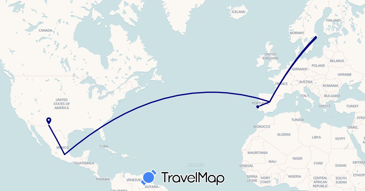 TravelMap itinerary: driving in Spain, Mexico, Portugal, Sweden (Europe, North America)